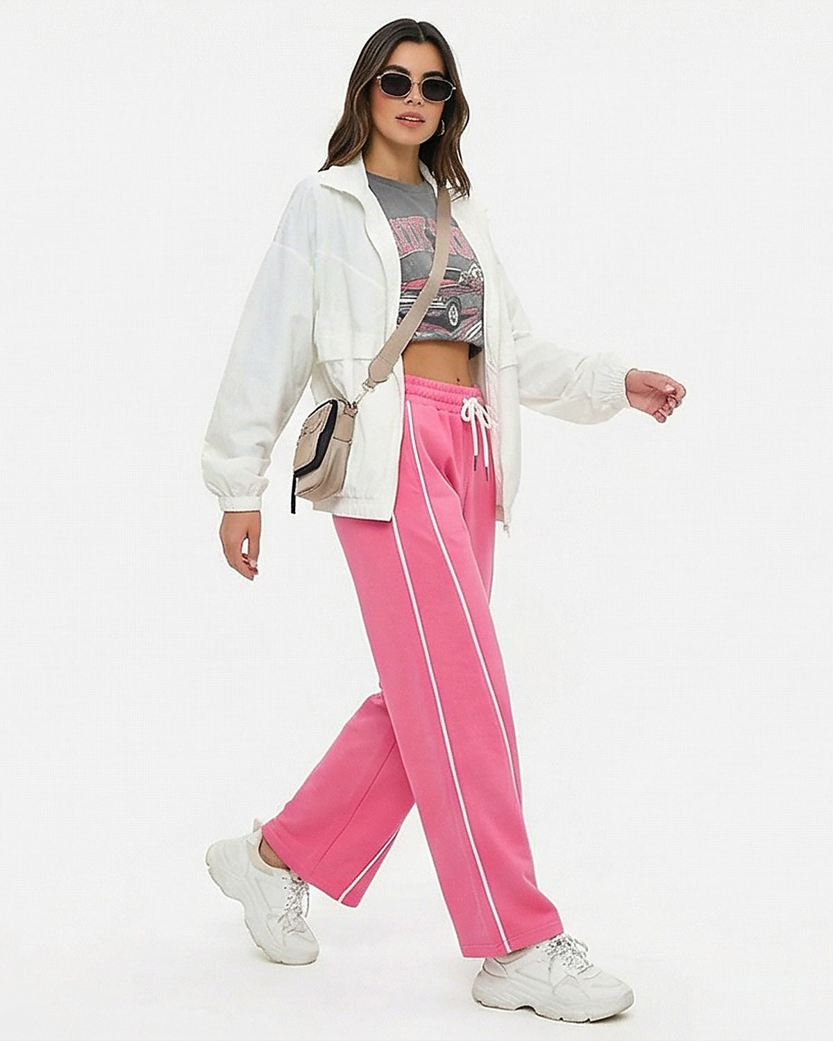 Pink Wide Leg Piping Detail Sweatpants - R216555