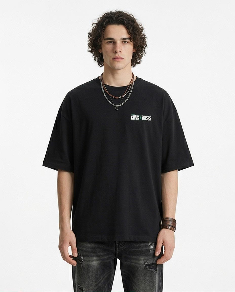 تي شيرت ثقيل فضفاض بطبعة جرافيك باللون الأسود الداكن R216571