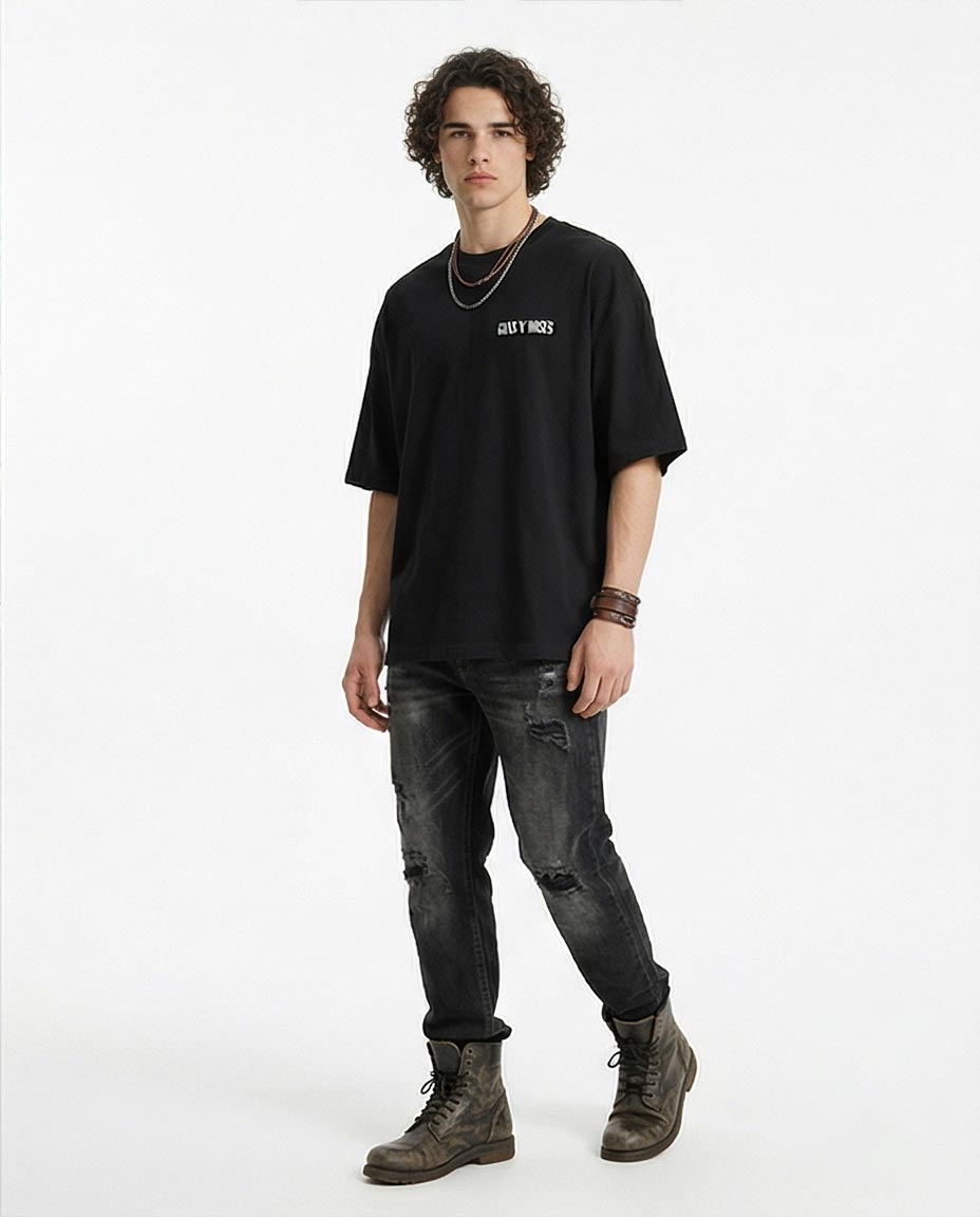 تي شيرت ثقيل فضفاض بطبعة جرافيك باللون الأسود الداكن R216571