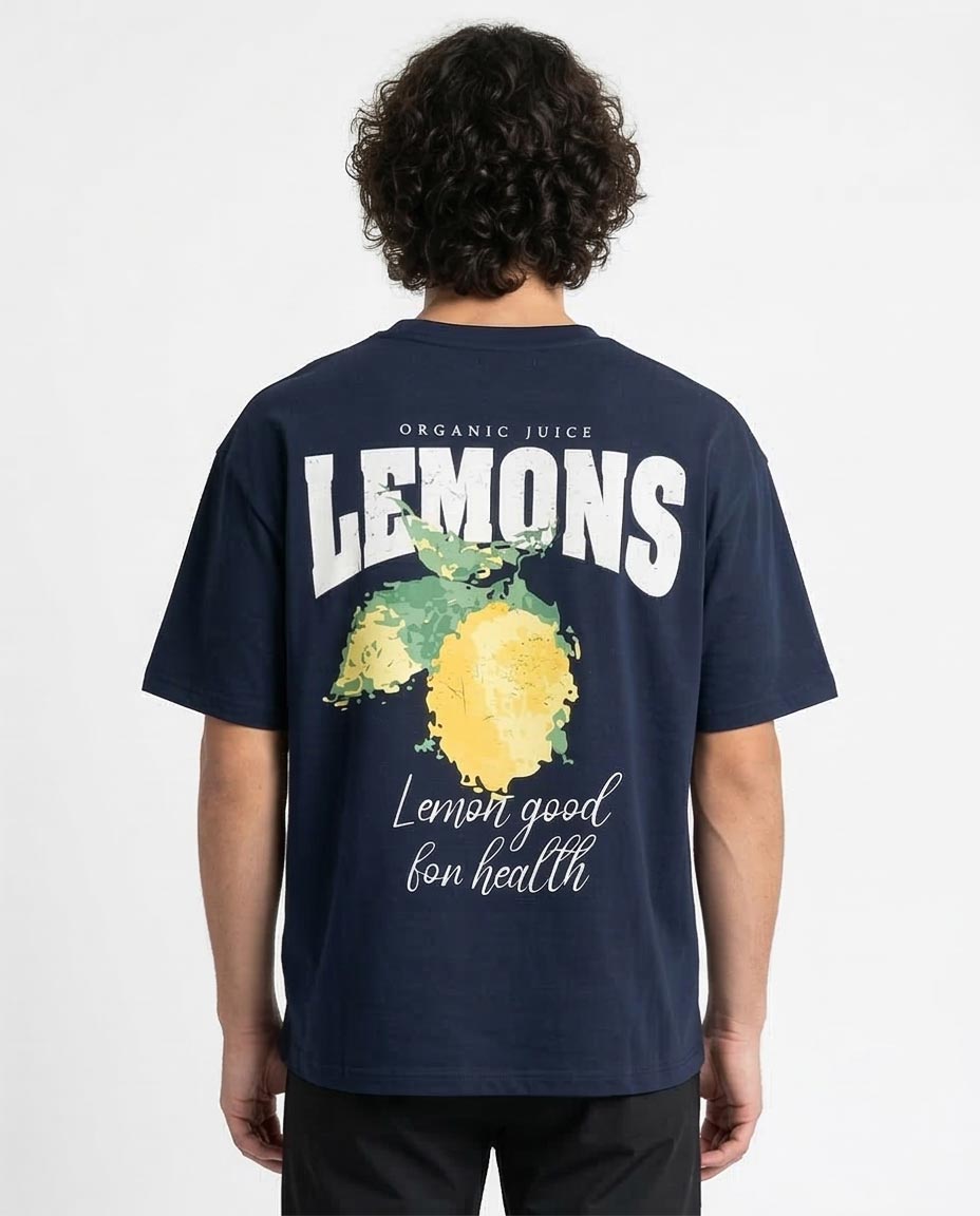 تيشيرت بقصة مربعة مزين بطبعة ليمون للرجال من ريفين - كحلي - R216577