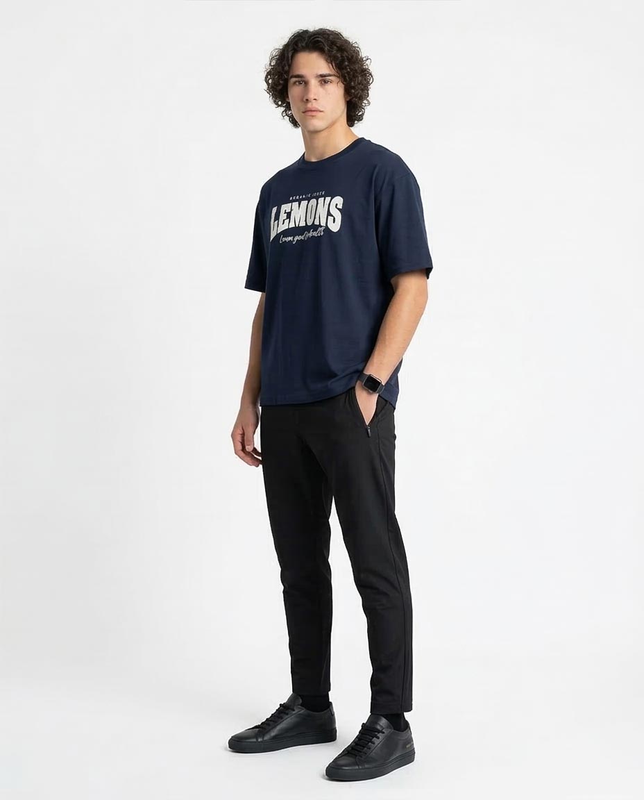 تيشيرت بقصة مربعة مزين بطبعة ليمون للرجال من ريفين - كحلي - R216577