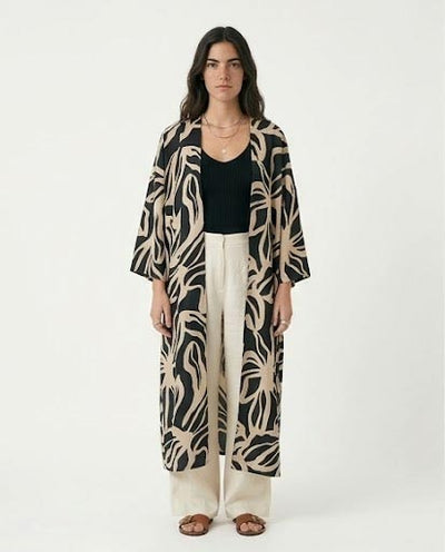 Ravin Bold Botanical Open-Front Longline Kimono - Black & Cream - R216600