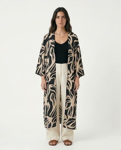 Ravin Bold Botanical Open-Front Longline Kimono - Black & Cream - R216600