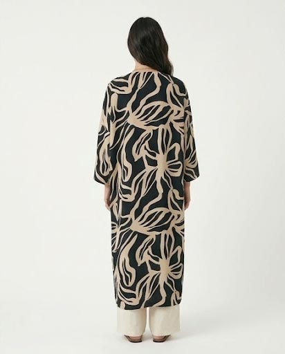 Ravin Bold Botanical Open-Front Longline Kimono - Black & Cream - R216600