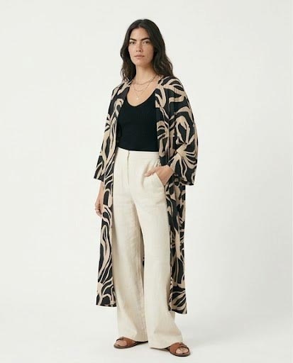 Ravin Bold Botanical Open-Front Longline Kimono - Black & Cream - R216600