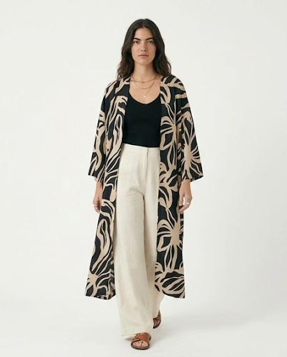 Ravin Bold Botanical Open-Front Longline Kimono - Black & Cream - R216600