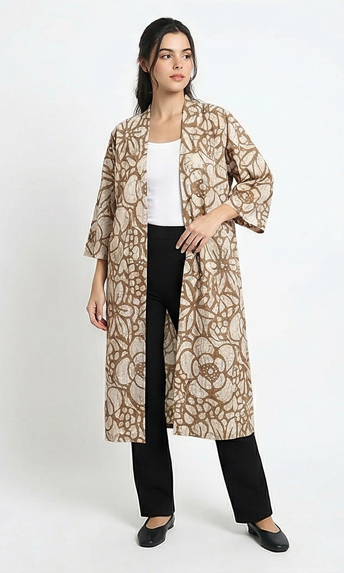 Floral Print Open-Front Long Cardigan