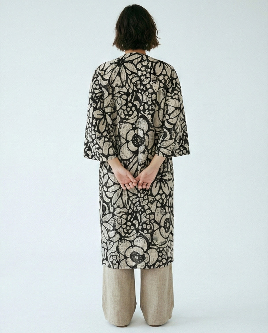 Floral Print Longline Cardigan in Black & Beige