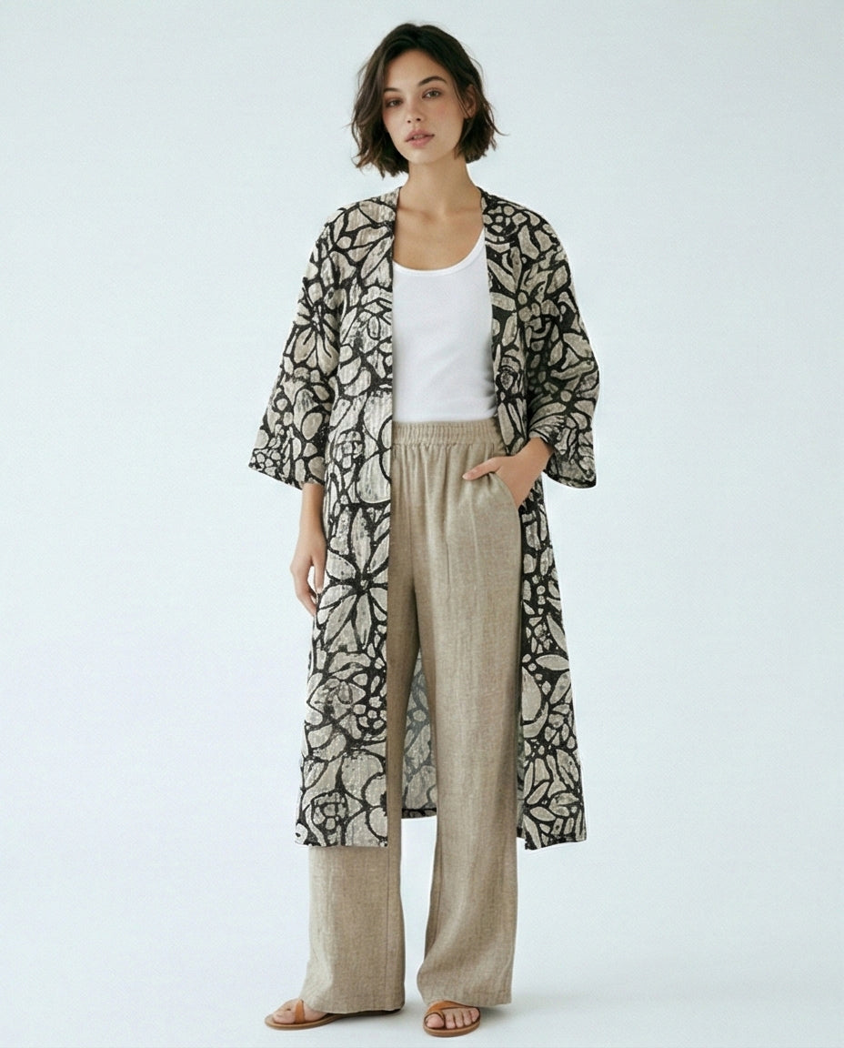 Floral Print Longline Cardigan in Black & Beige
