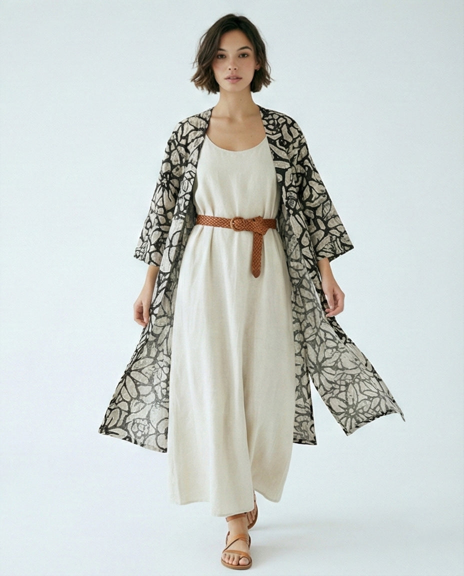 Floral Print Longline Cardigan in Black & Beige