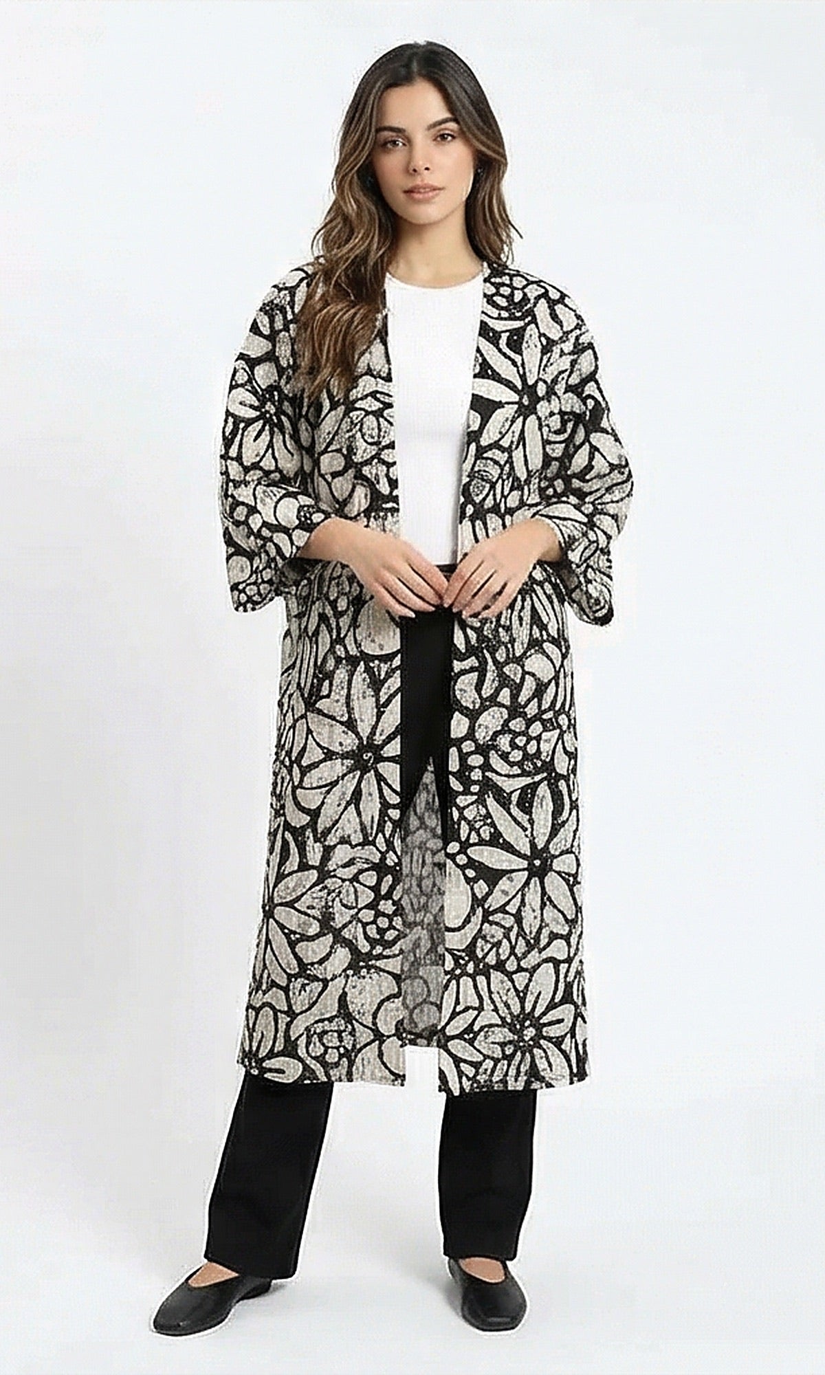 Floral Print Longline Cardigan in Black & Beige