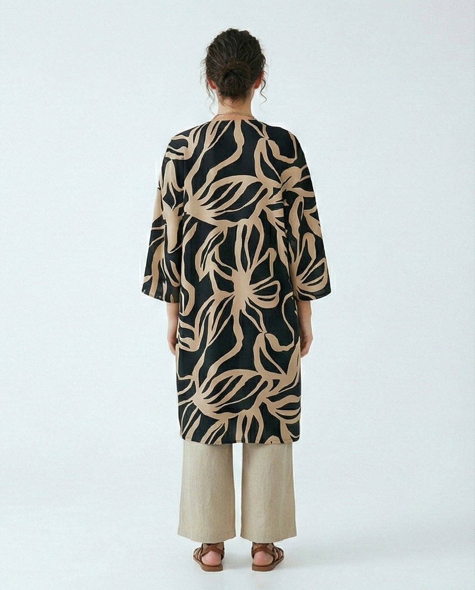 Abstract Leaf Print Longline Kimono Cardigan - R216604