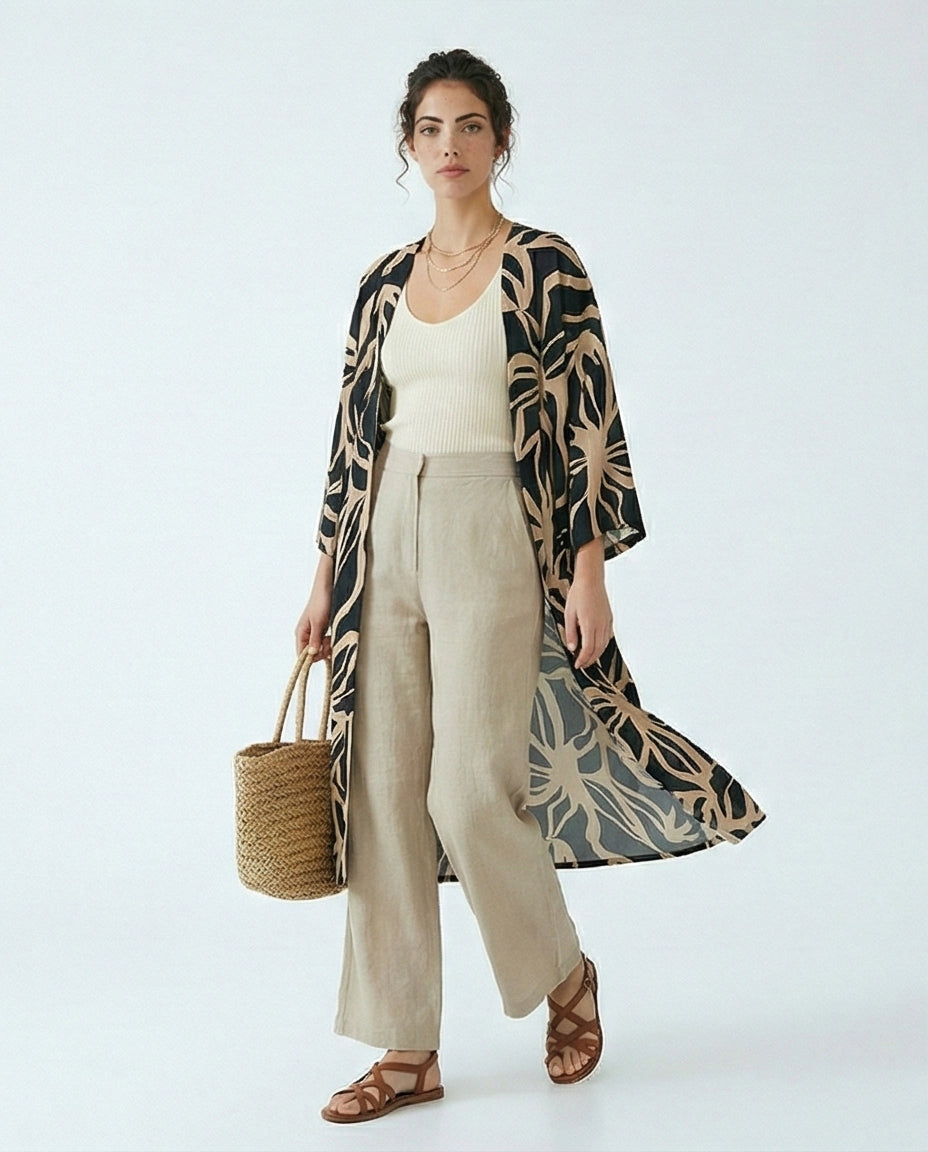 Abstract Leaf Print Longline Kimono Cardigan - R216604