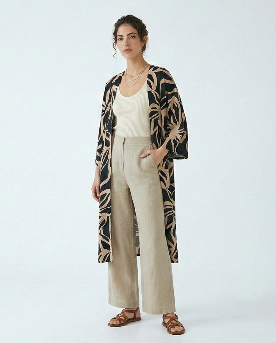 Abstract Leaf Print Longline Kimono Cardigan - R216604