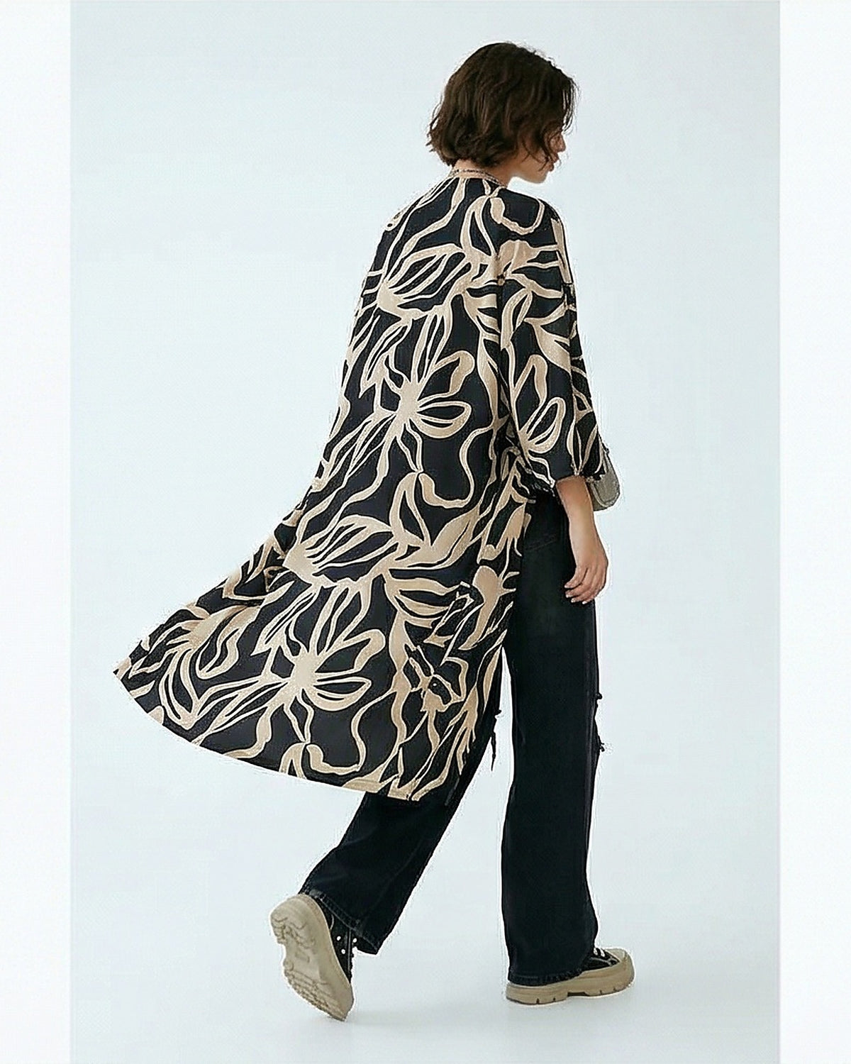 Abstract Leaf Print Longline Kimono Cardigan - R216604