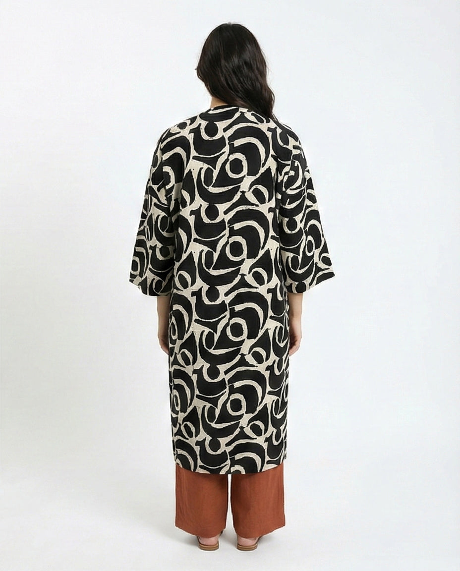Abstract Graphic Longline Kimono Cardigan - R216605