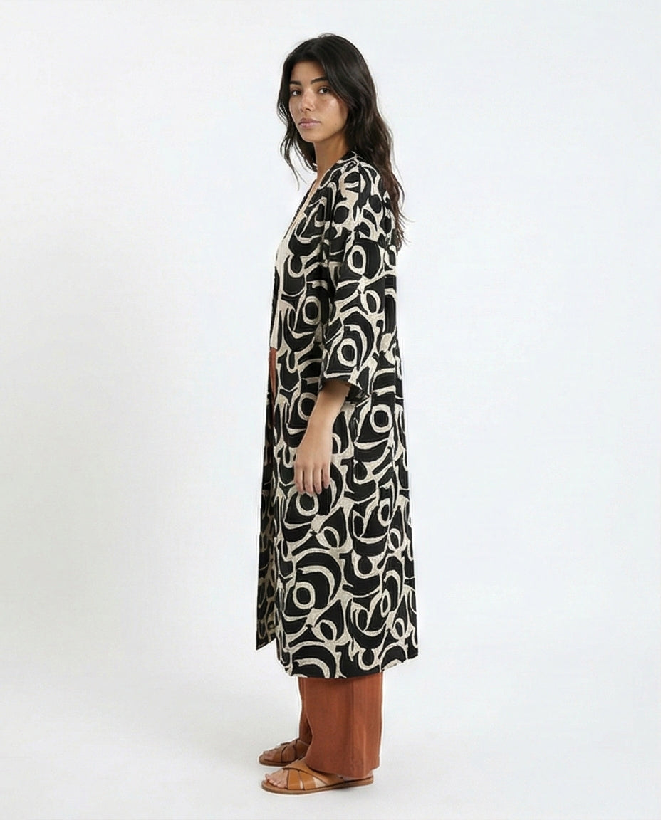 Abstract Graphic Longline Kimono Cardigan - R216605