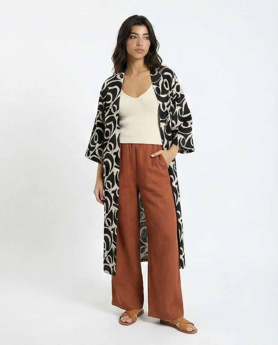 Abstract Graphic Longline Kimono Cardigan - R216605