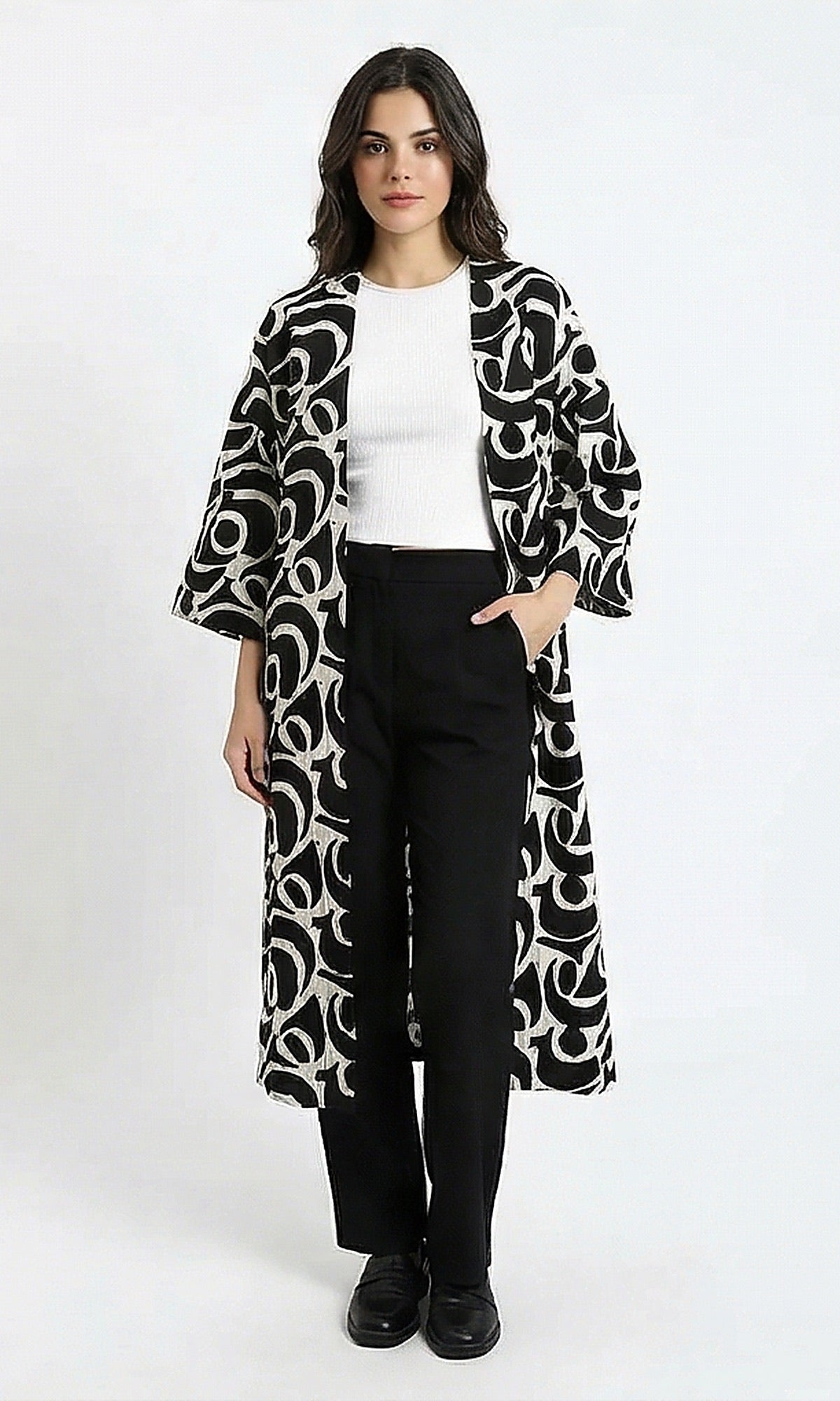 Abstract Graphic Longline Kimono Cardigan - R216605