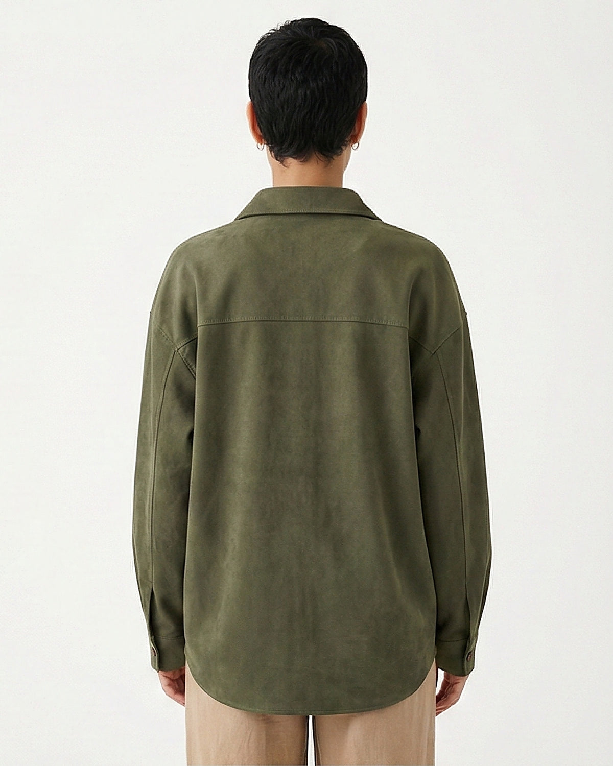 Olive Green Suede-Effect Long Sleeve Button-Down Shirt