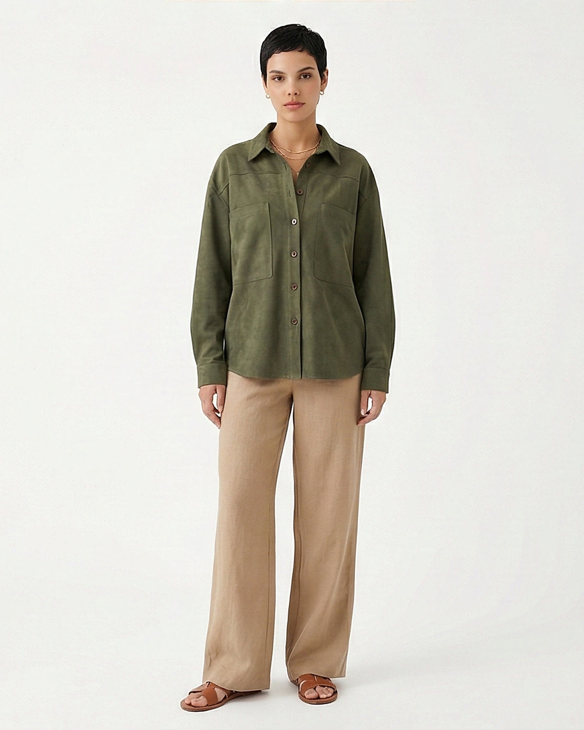 Olive Green Suede-Effect Long Sleeve Button-Down Shirt