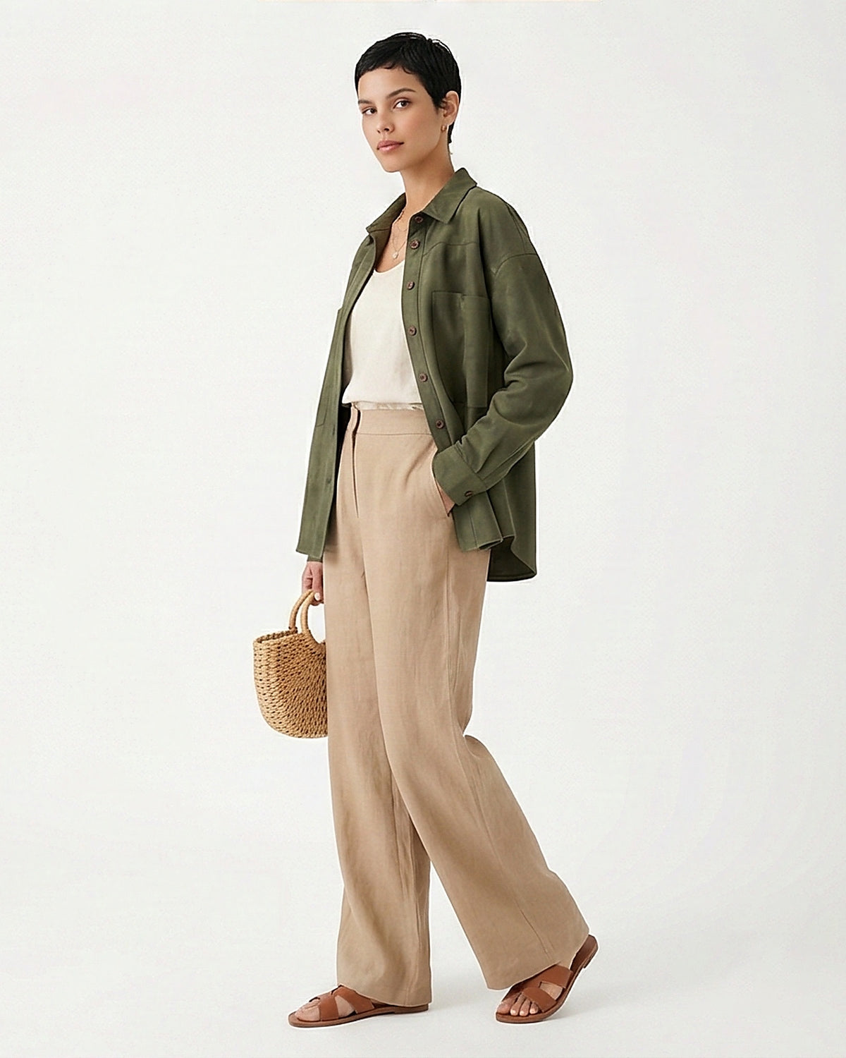 Olive Green Suede-Effect Long Sleeve Button-Down Shirt