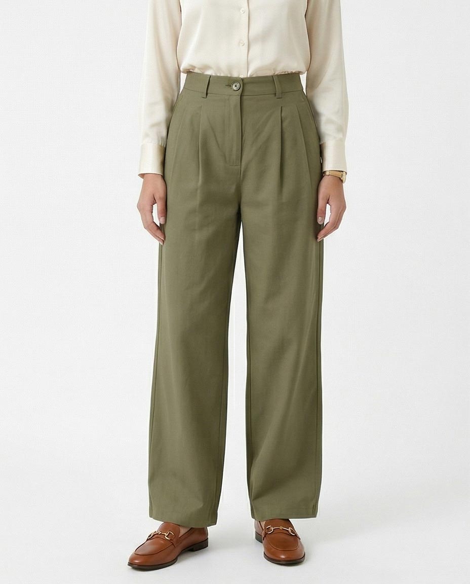 Olive High-Waisted Tailored Wide-Leg Trousers