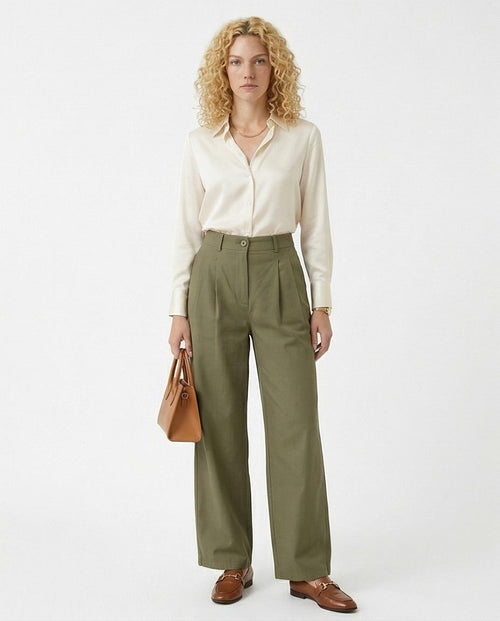 Ravin Pleated Wide-Leg Trousers in Olive – High-Rise Tailored Chinos - R216641