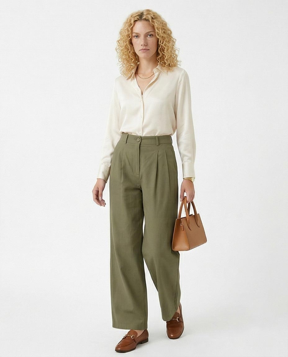 Olive High-Waisted Tailored Wide-Leg Trousers
