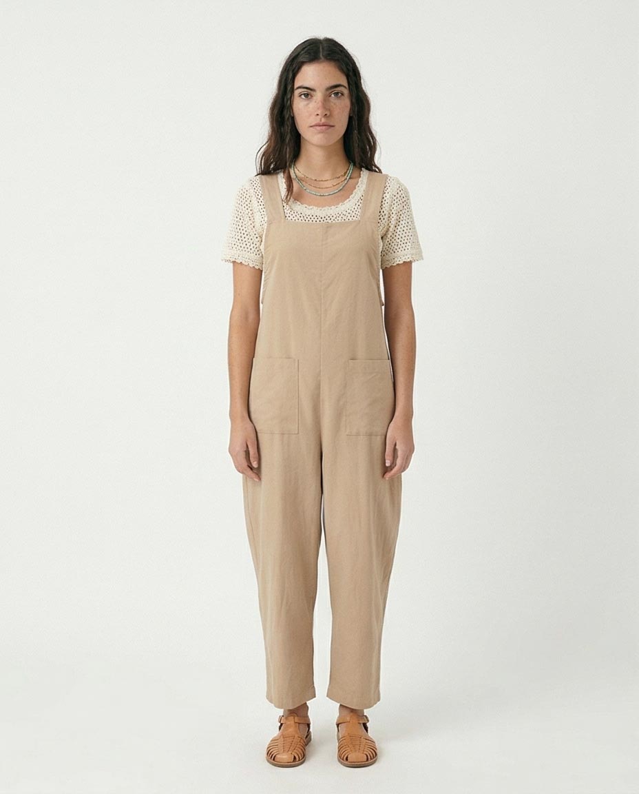 Sand Linen-Blend Wide-Leg Jumpsuit with Back Zipper Detail - R216674