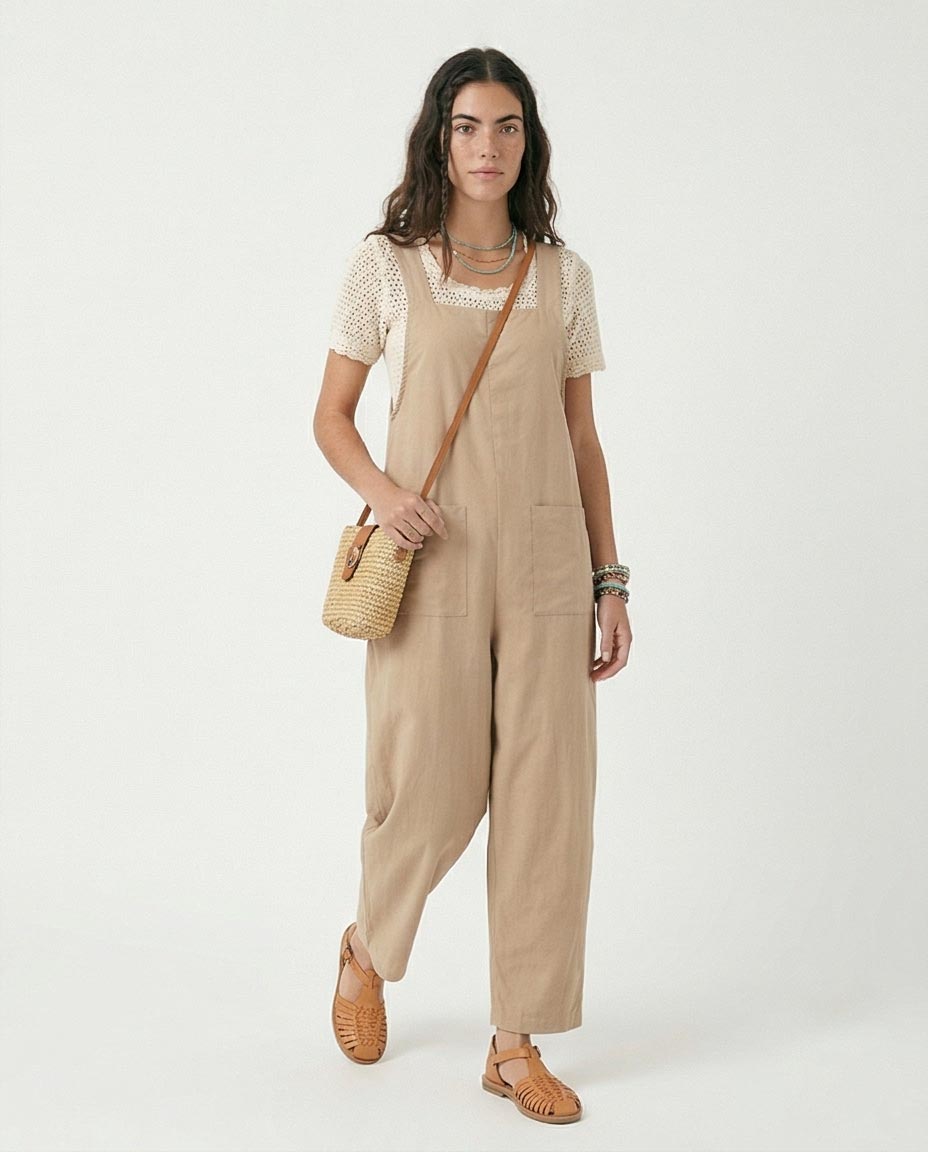 Sand Linen-Blend Wide-Leg Jumpsuit with Back Zipper Detail - R216674
