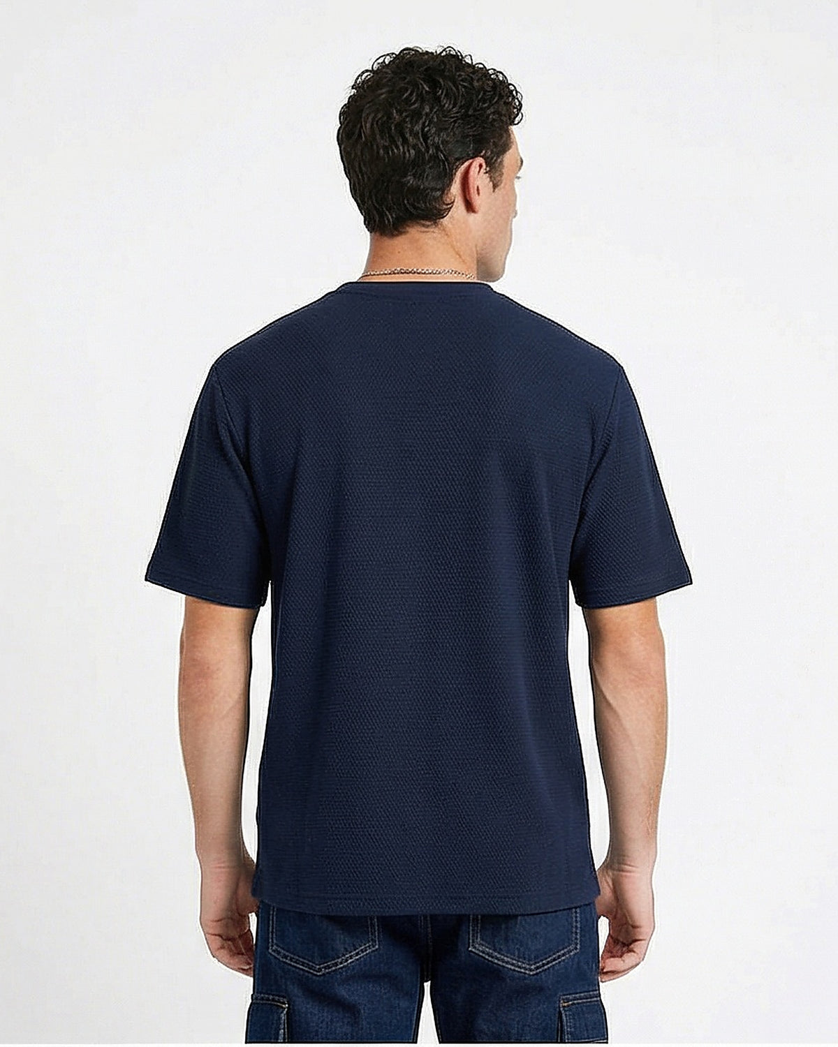 Navy Textured Honeycomb Knit Pocket T-Shirt - R216721