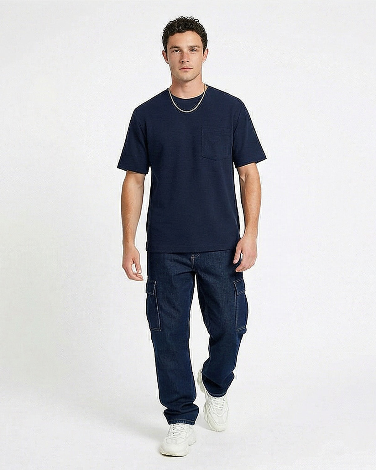 Navy Textured Honeycomb Knit Pocket T-Shirt - R216721