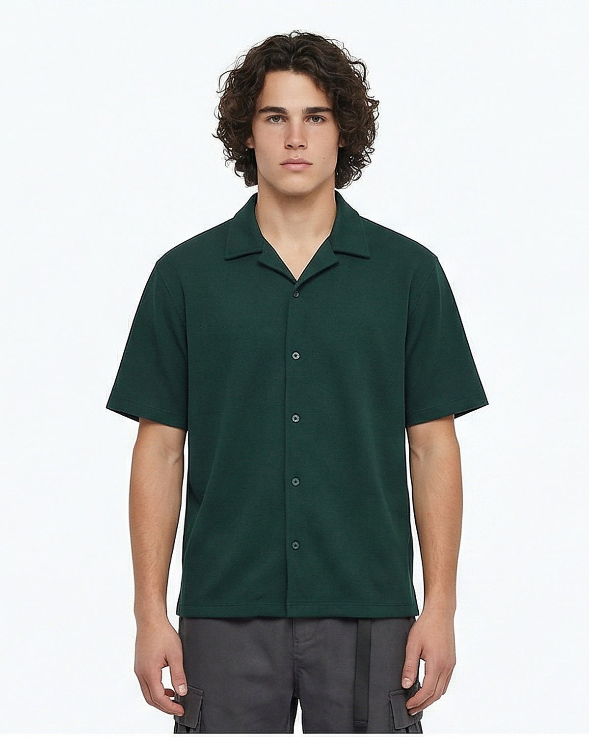 Dark Green Textured Resort Collar Short Sleeve Shirt - R216755