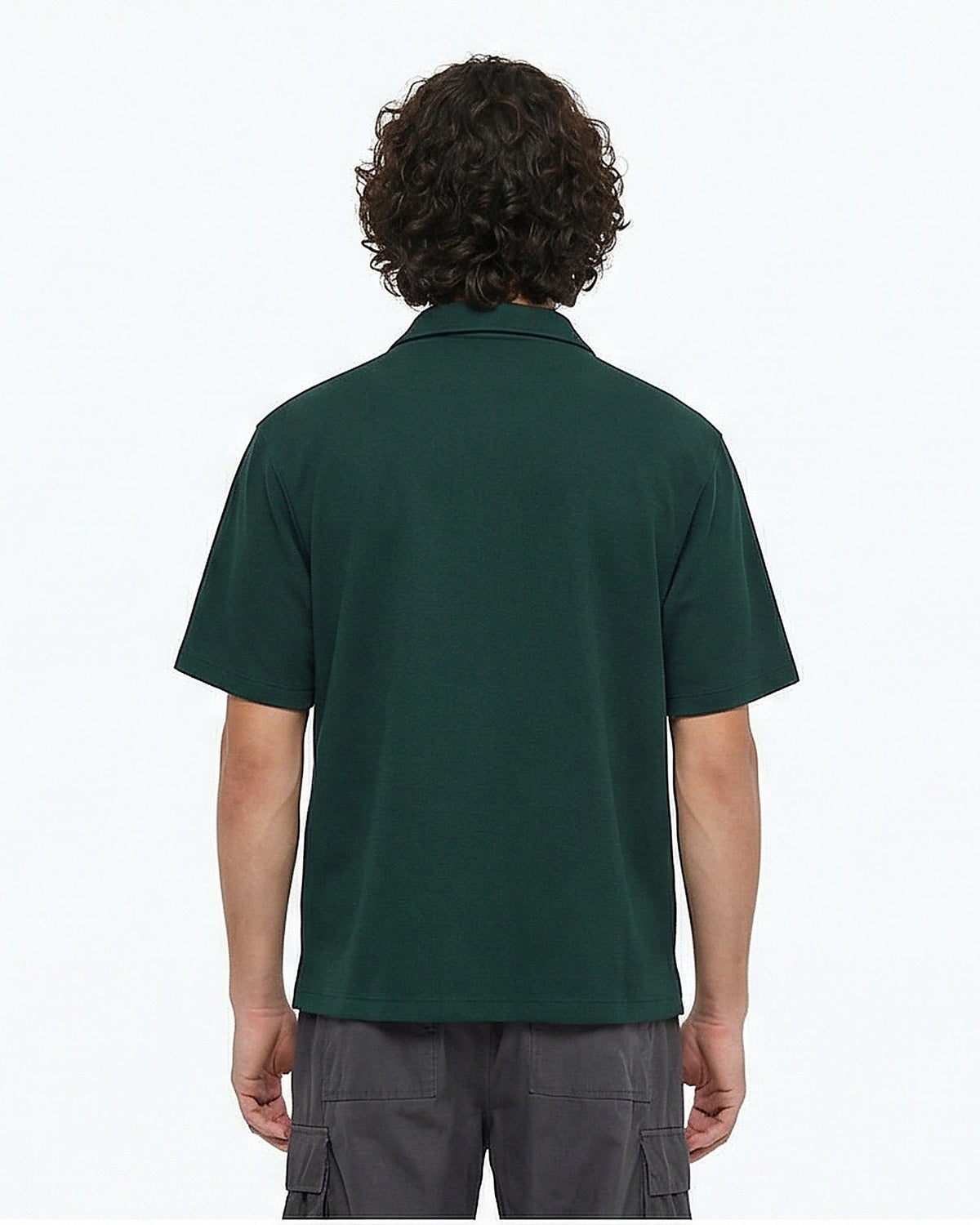 Dark Green Textured Resort Collar Short Sleeve Shirt - R216755