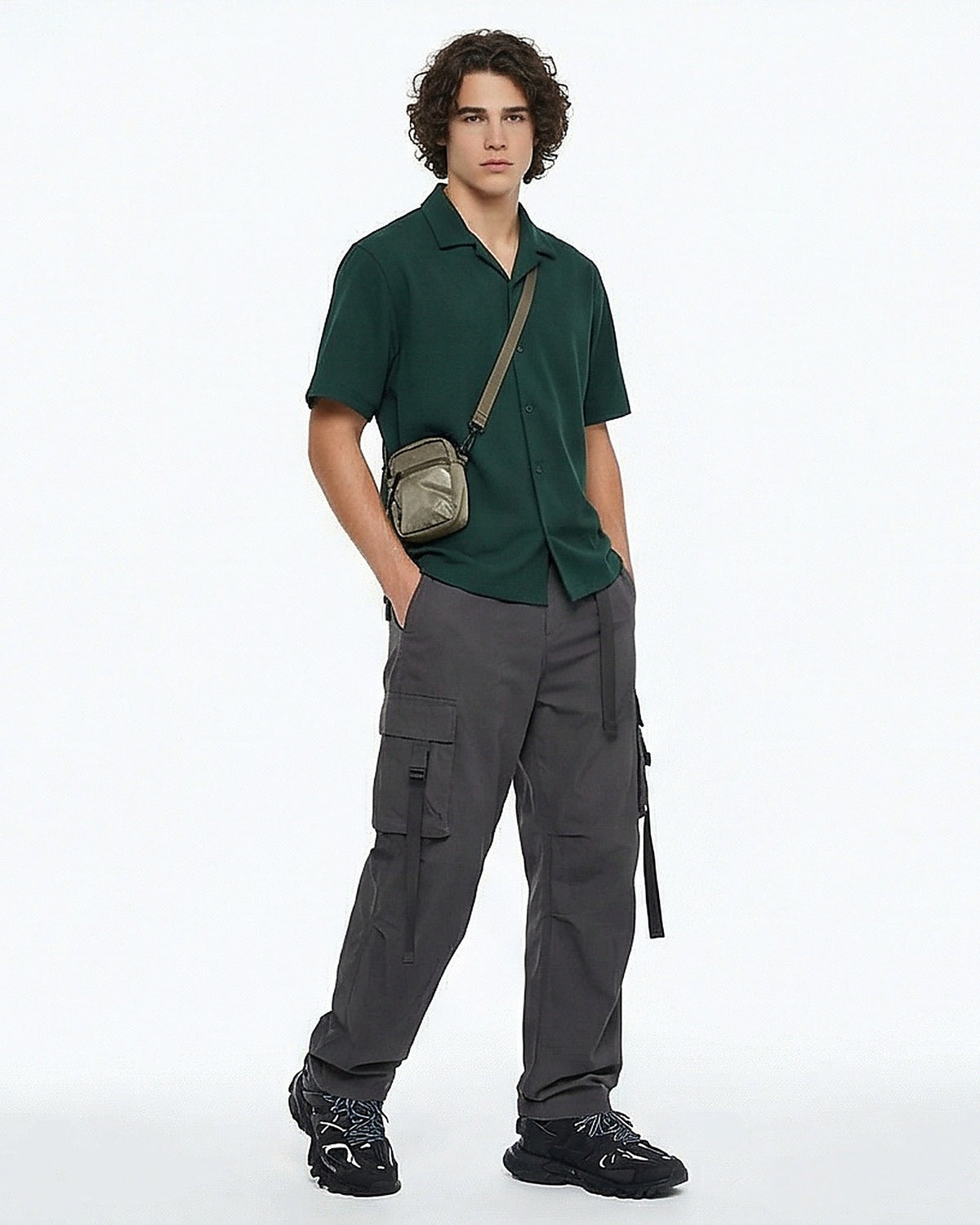 Dark Green Textured Resort Collar Short Sleeve Shirt - R216755