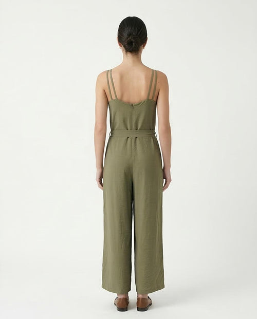 Self-Tie Belted Wide-Leg Jumpsuit in Olive - R216763