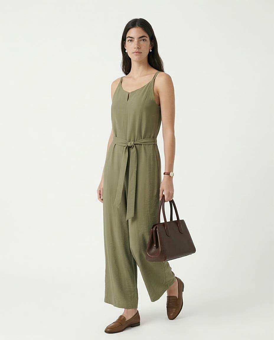 Self-Tie Belted Wide-Leg Jumpsuit in Olive - R216763