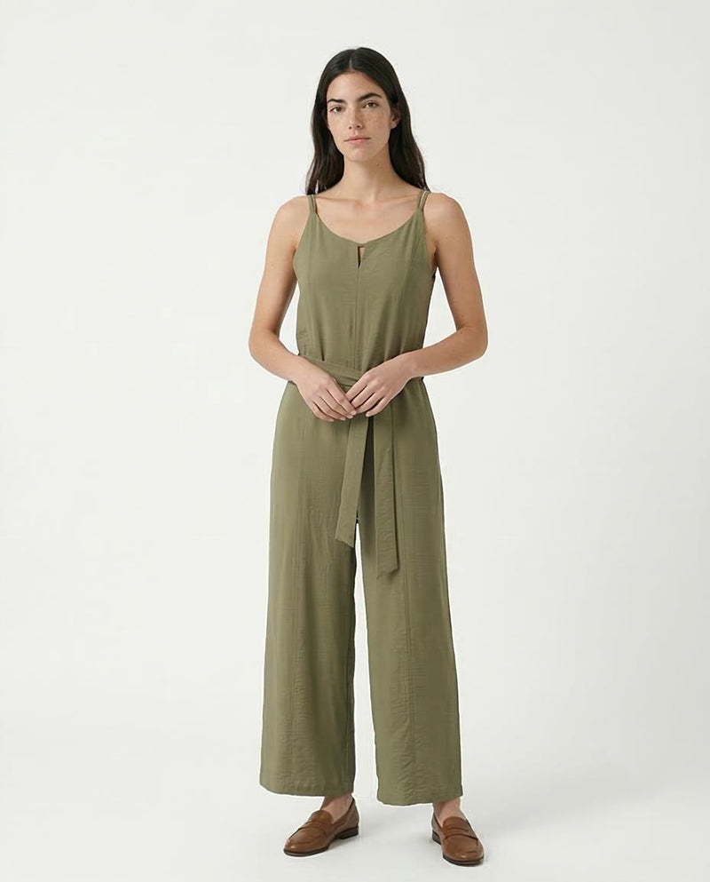 Self-Tie Belted Wide-Leg Jumpsuit in Olive - R216763