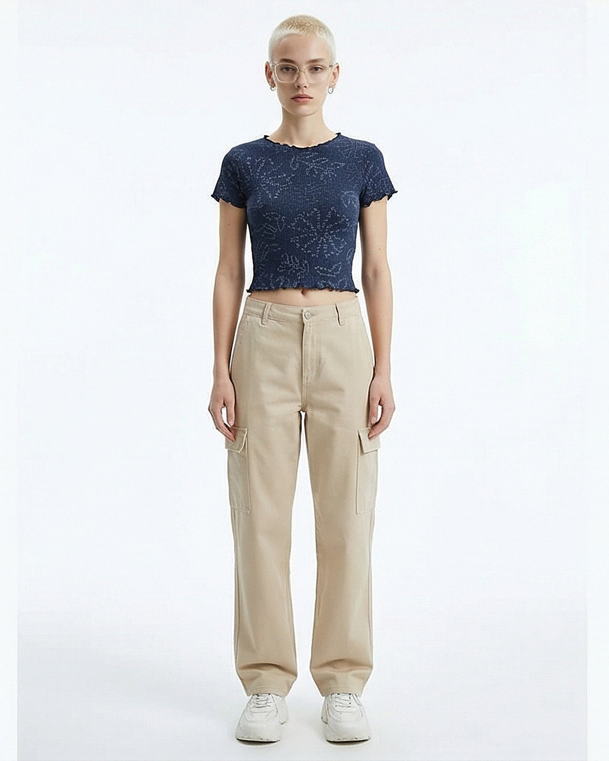 Navy Printed Ribbed Lettuce-Edge Crop Tee - R216796