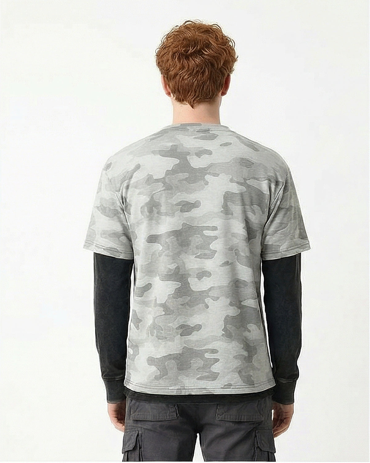 Grey Camo Print Faux Layered Long Sleeve Tee - R216802