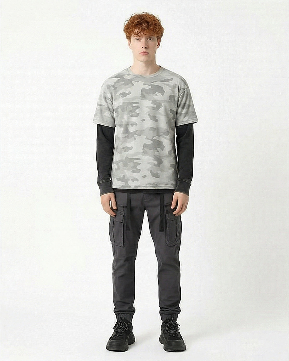 Grey Camo Print Faux Layered Long Sleeve Tee - R216802