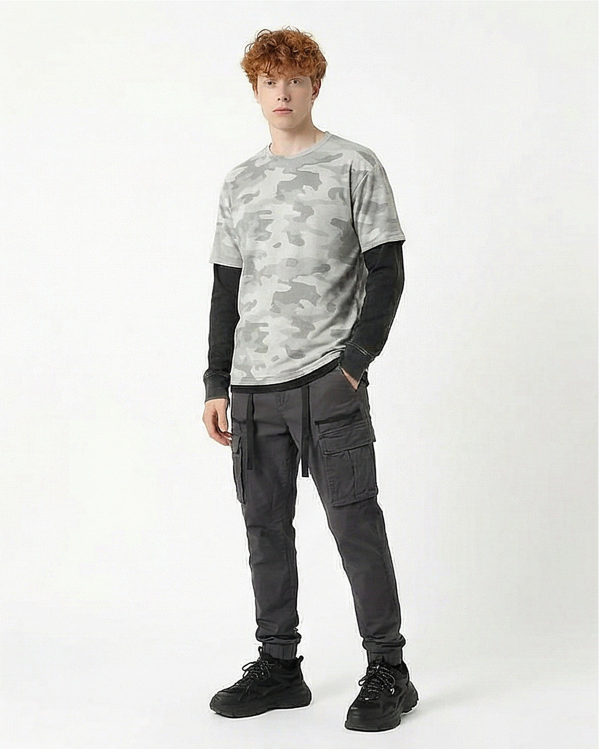 Grey Camo Print Faux Layered Long Sleeve Tee - R216802