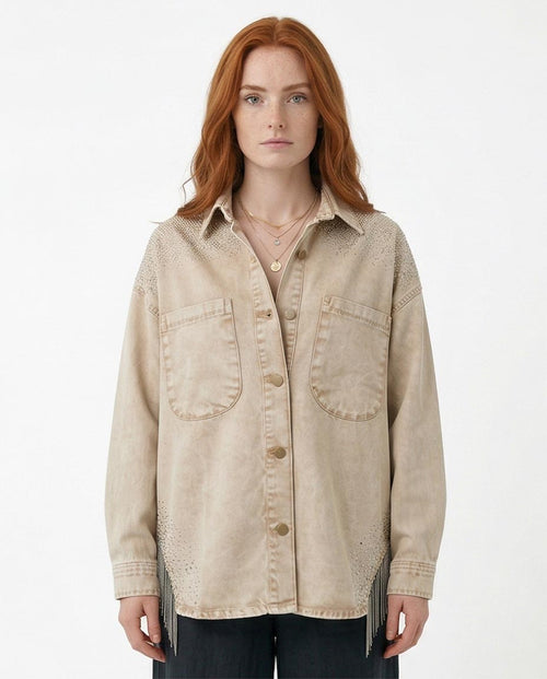 Ravin Women’s Washed Sand Denim Shirt with Rhinestone Shoulders & Chain Fringe - R216815
