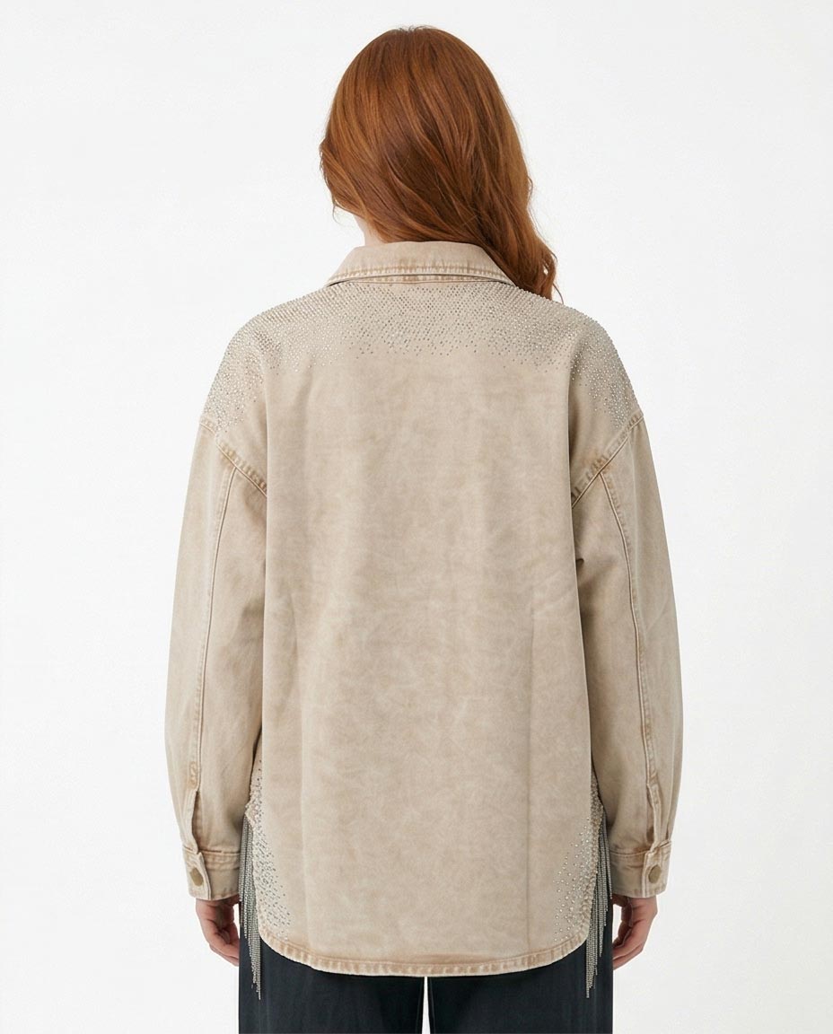 Ravin Women’s Washed Sand Denim Shirt with Rhinestone Shoulders & Chain Fringe - R216815