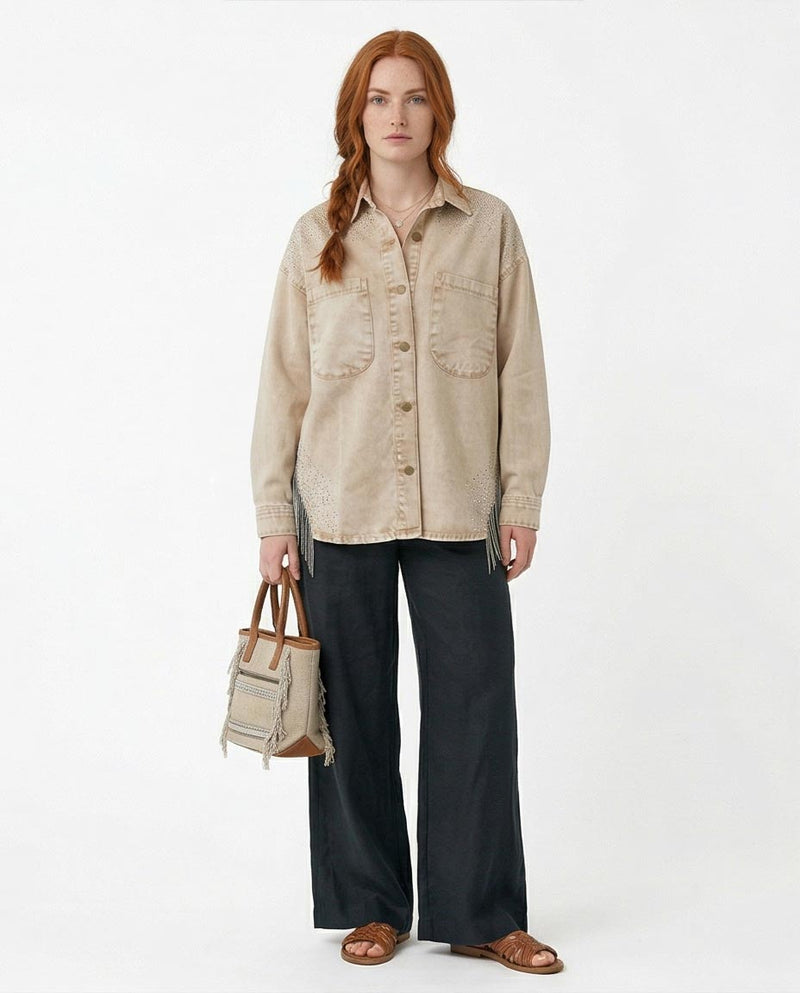Ravin Women’s Washed Sand Denim Shirt with Rhinestone Shoulders & Chain Fringe - R216815