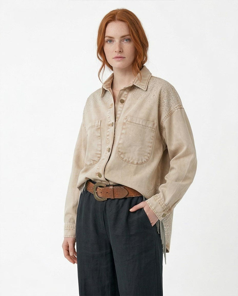 Ravin Women’s Washed Sand Denim Shirt with Rhinestone Shoulders & Chain Fringe - R216815