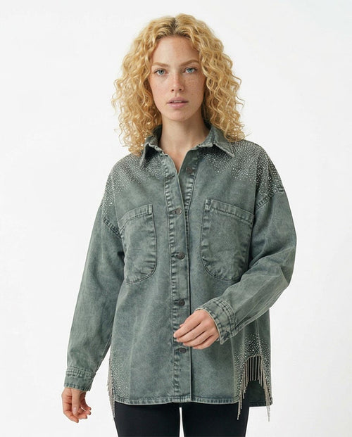 Ravin Rhinestone-Embellished Acid Wash Denim Jacket with Fringe Detail - Olive - R216816