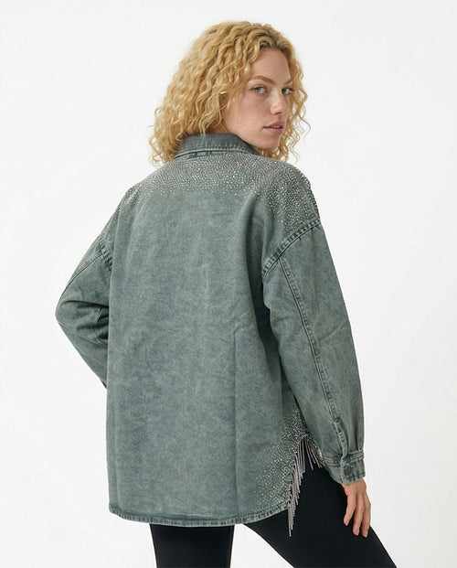 Ravin Rhinestone-Embellished Acid Wash Denim Jacket with Fringe Detail - Olive - R216816