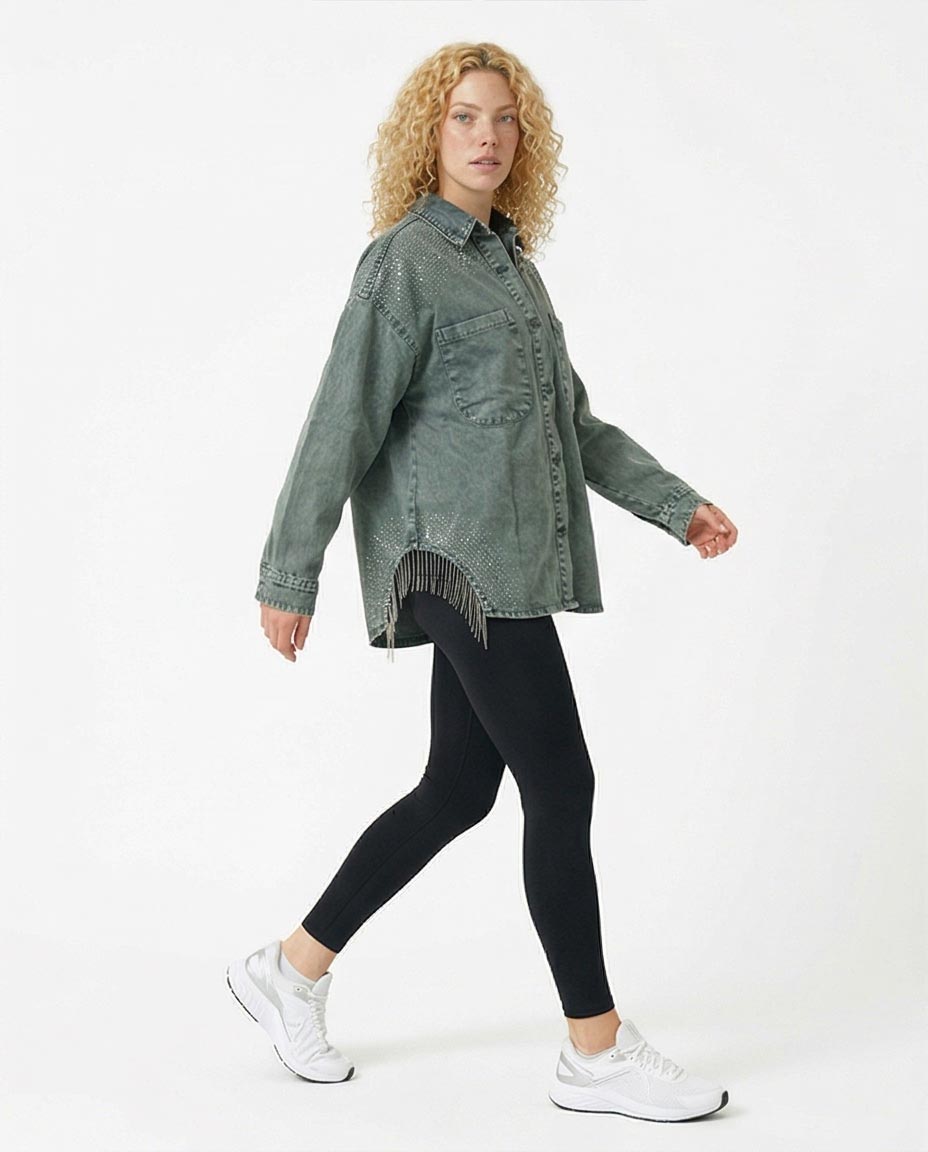 Ravin Rhinestone-Embellished Acid Wash Denim Jacket with Fringe Detail - Olive - R216816